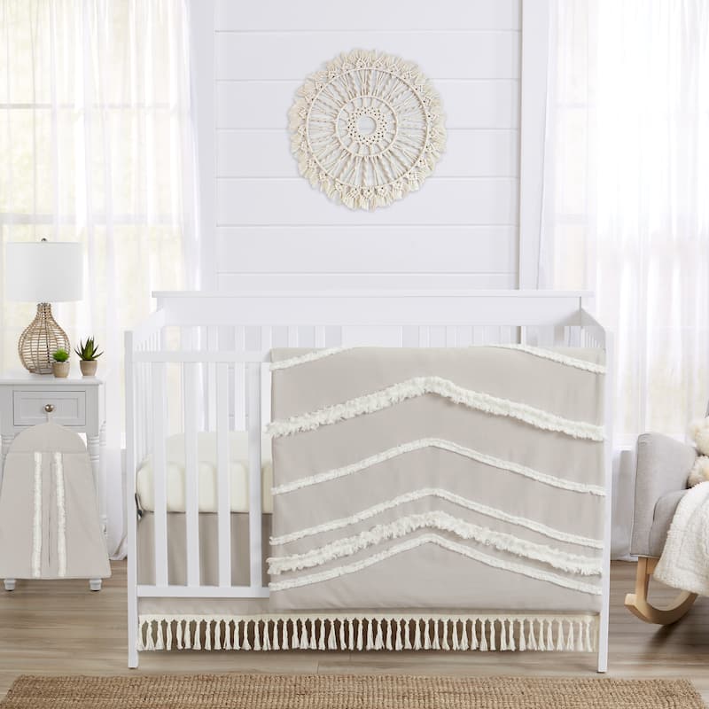 Boho Bohemian Boy Girl 4pc Nursery Crib Bedding Set - Solid Taupe Beige Ivory Cream Linen Farmhouse Shabby Chic Gender Neutral