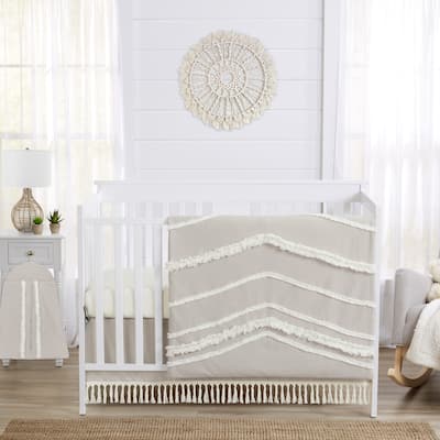 Boho Bohemian Boy Girl 4pc Nursery Crib Bedding Set - Solid Taupe Beige Ivory Cream Linen Farmhouse Shabby Chic Gender Neutral