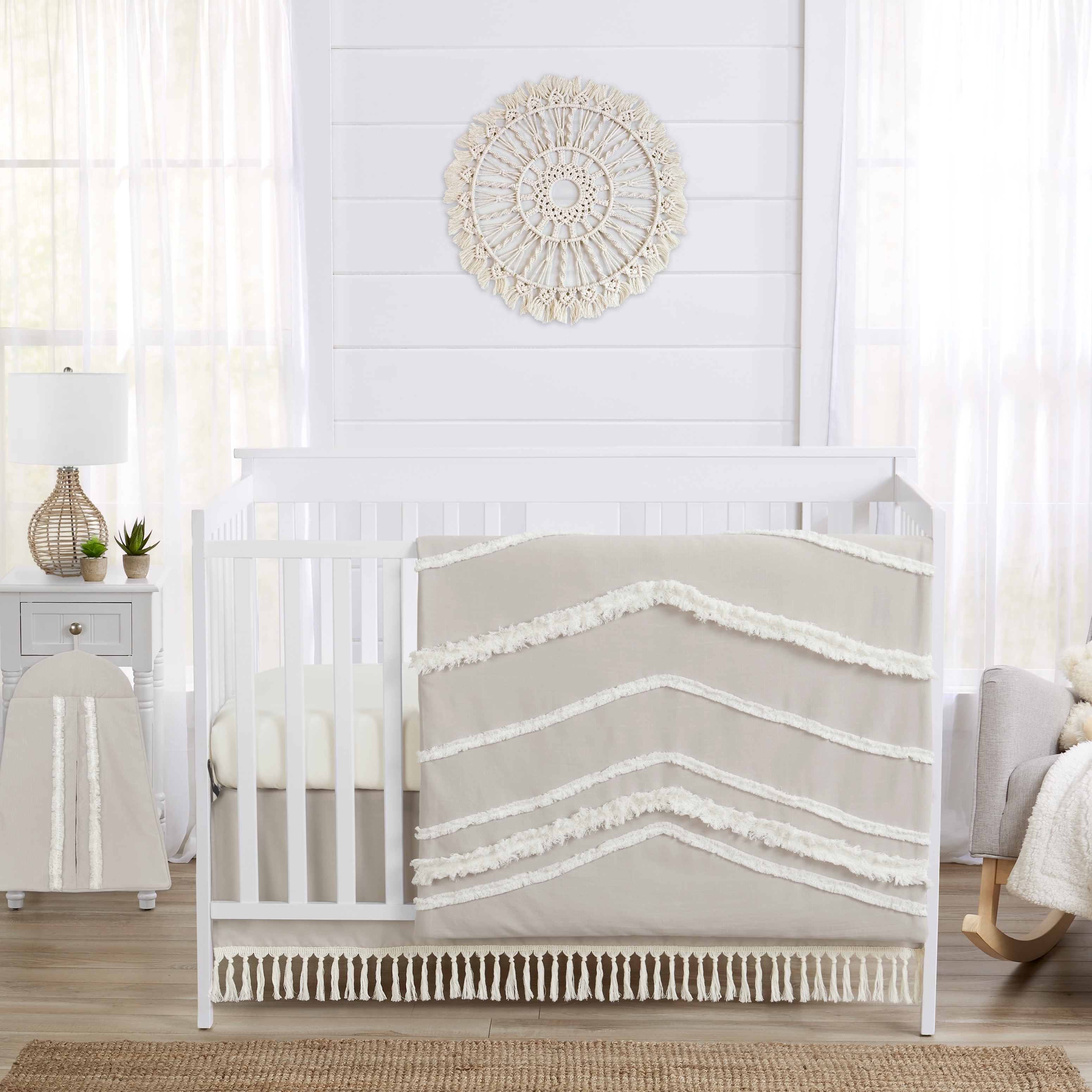 Boho Bohemian Boy Girl 4pc Nursery Crib Bedding Set - Solid Taupe Beige Ivory Cream Linen Farmhouse Shabby Chic Gender Neutral