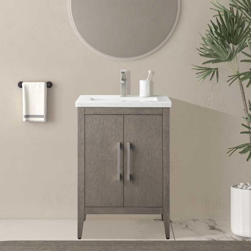 Vanity Art 20" or 24" or 30" Single Sink Bathroom Vanity Cabinet with Ceramic Top - 24"/Brushed Nickel - Driftwood Gray