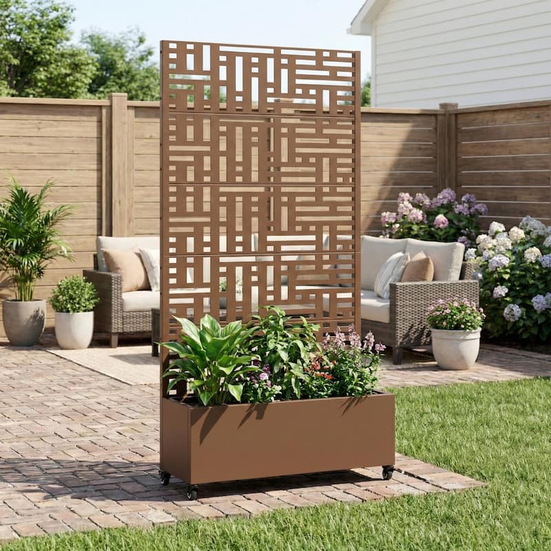 Metal Movable Planter Box with Trellis Privacy Screen Lockable Wheels
