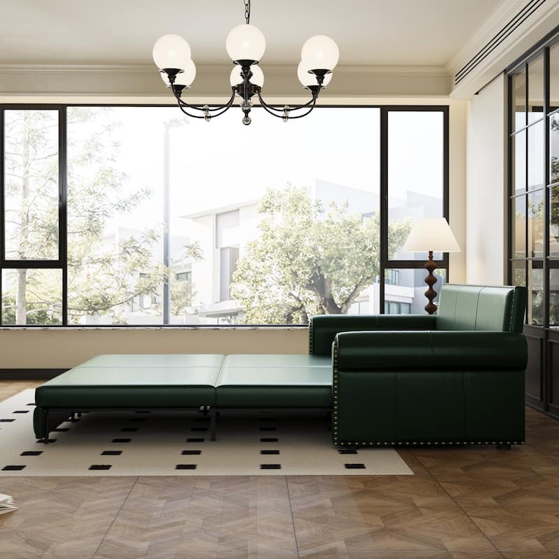 King Pull Out Sofa Bed, 3-in-1 Convertible Leather Sleeper Sofa, Chaise Lounge Daybed with Nailhead Trim & Rolled Arm