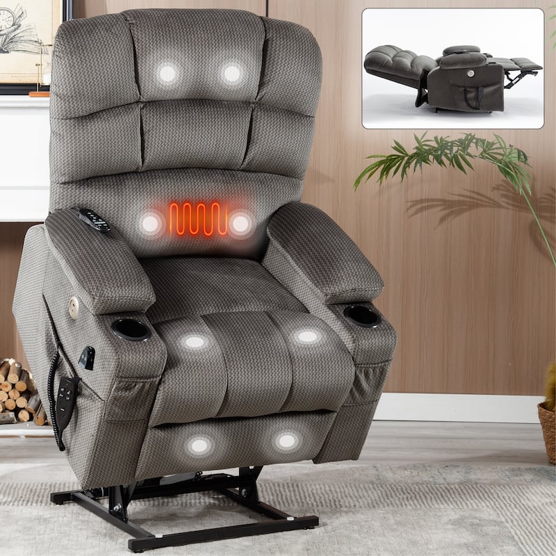 180° Power Lift Recliner Chair with Massage & Heat, Dual Cup Holders - Grey