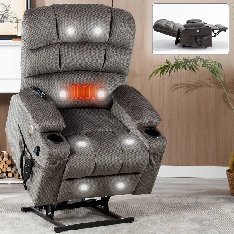 Chenille Power Lift Recliner Chair with 2 Cup Holders, Dual Motor Infinite Position Recliner Sofa with Massage & Heating