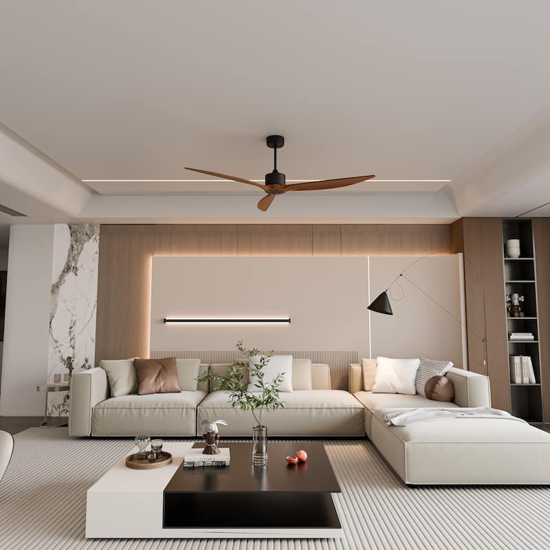 65" Solid Wood 3-Blade Black Ceiling Fan with Remote, Reversible DC Motor - Jet Black+Walnut