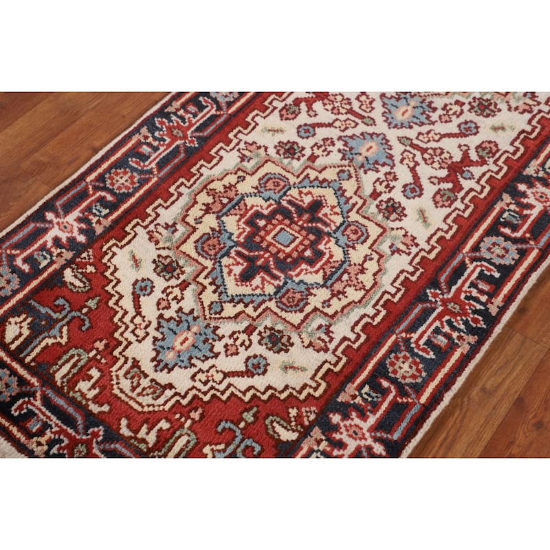 Ivory Geometric Heriz Serapi Runner Rug Hand-Knotted Wool Carpet - 2'6"x 7'10"