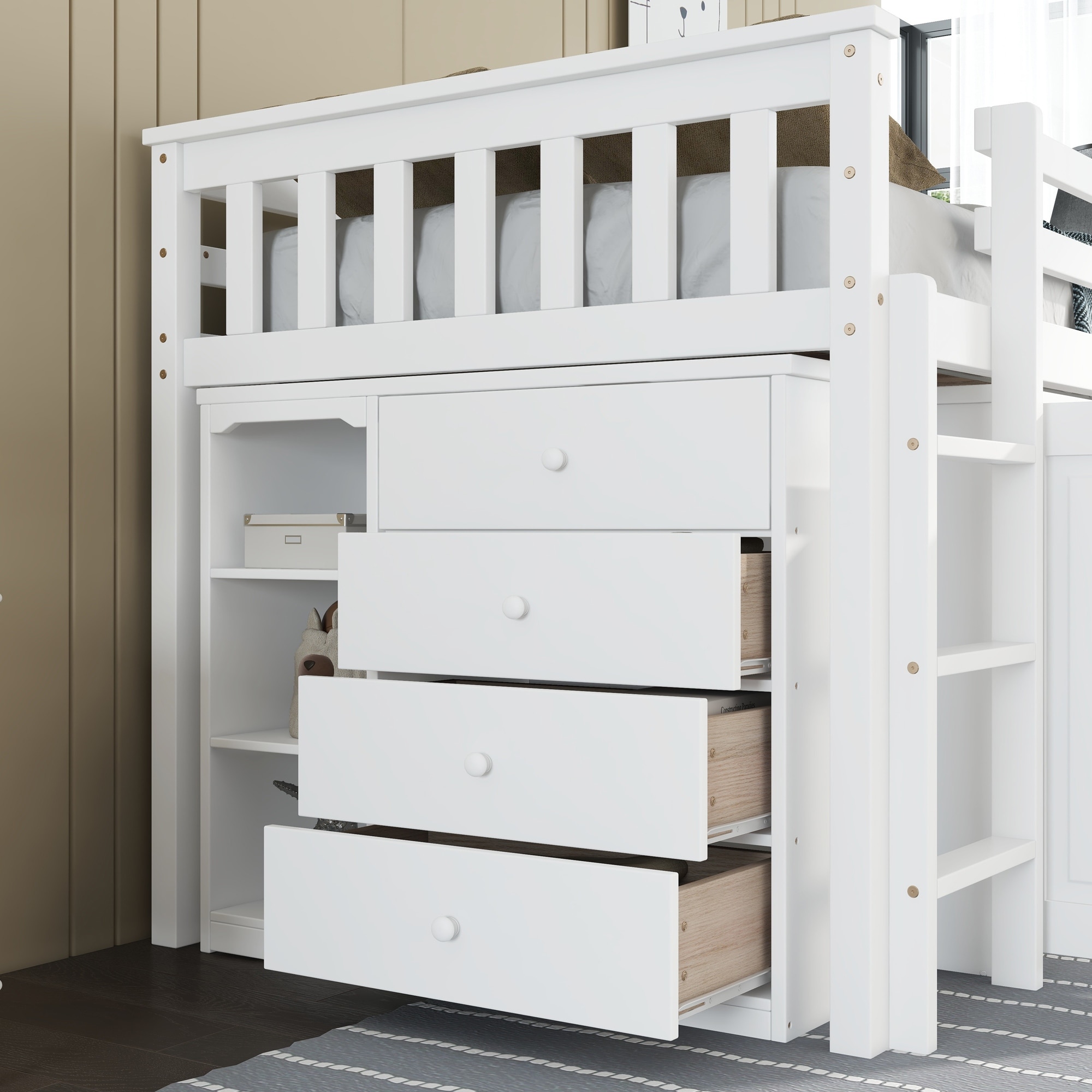 loft beds with dresser Bellemave Low Full Bed Desk and Wood Kids Loft Frame with Cabinet & Storage Shelves & Rolling Portable Desk for Juniors, Teen, Boys, Girls, Full Size,White while the two Jackpot Deluxe Twin Storage Loft