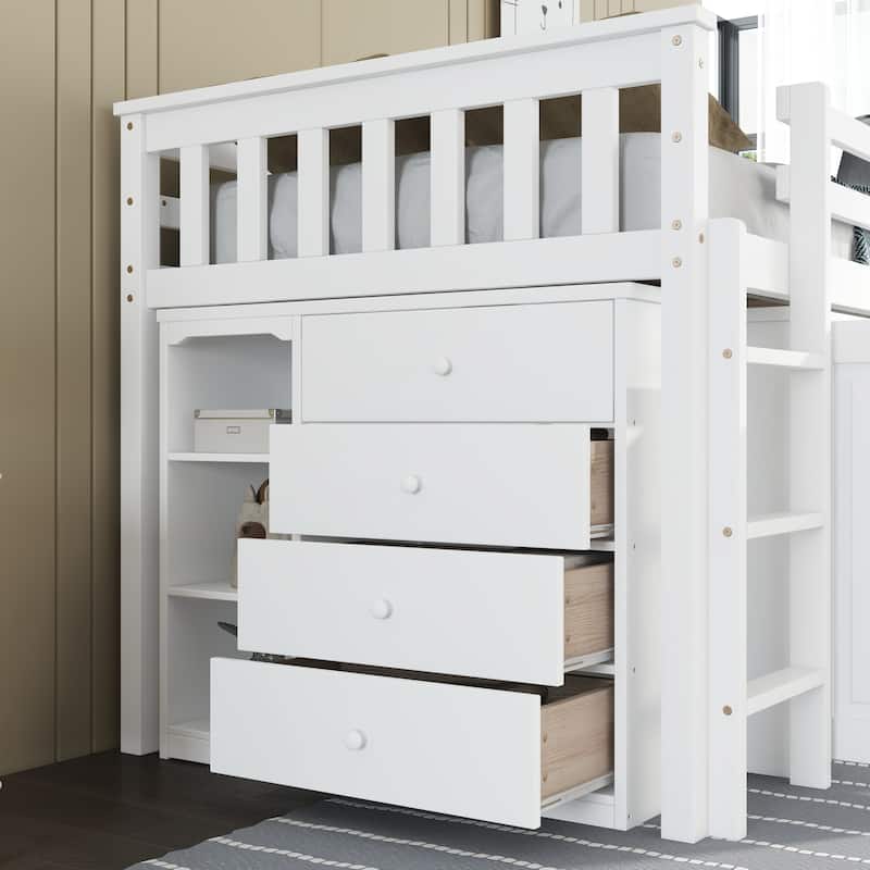 Twin Loft Bed with Pull-Out Desk & Storage and 2 Cabinets, 4 Drawers & Shelves(250lb Capacity)