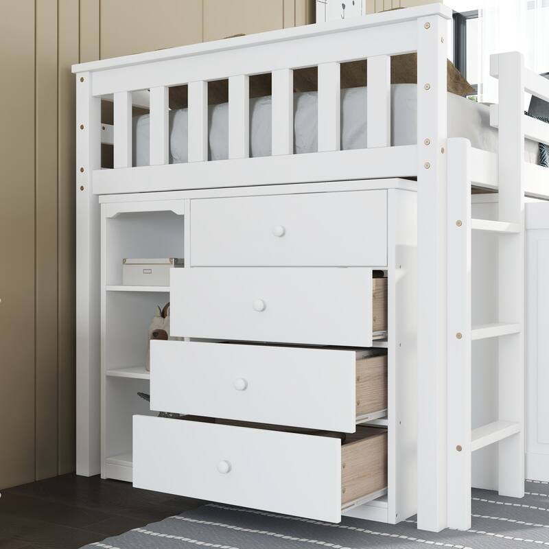 Twin Loft Bed with Pull Out Desk and Storage Cabinets, White Rubberwood and MDF Bed for Kids with Study Space and Drawers