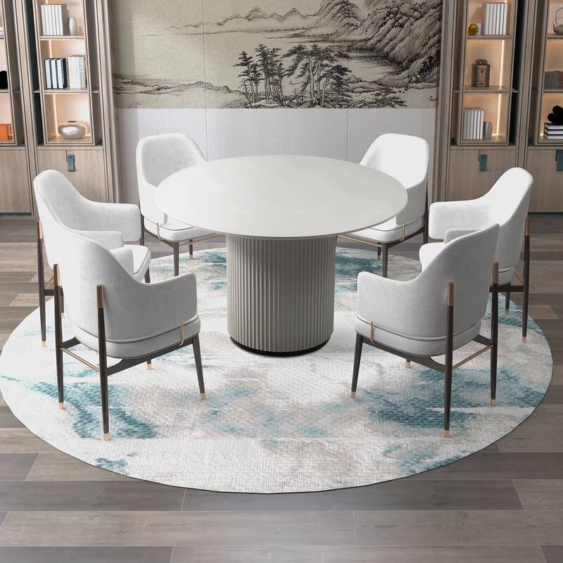 Modern Black Gray 4-6 People Round Dining Table with Roman Columns for Dining Room