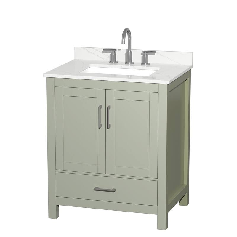 Sheffield 30-inch Single Vanity, 3 Hole Quartz Top - Light Green, Nickel Trim, Giotto Quartz Top
