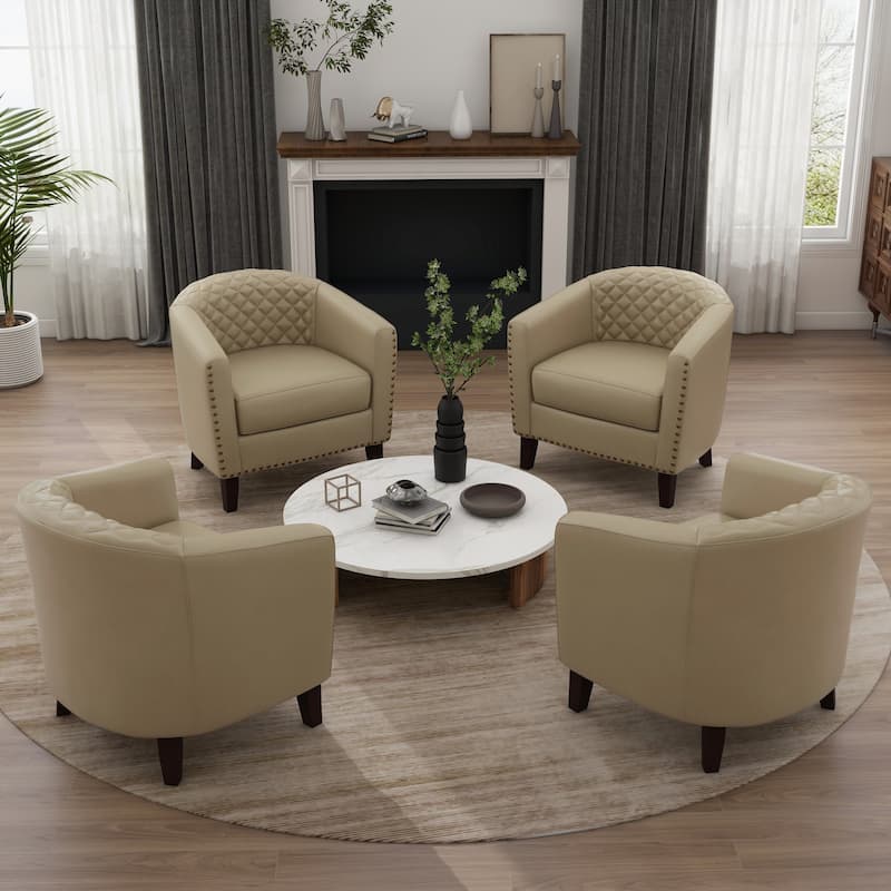 Axia 4 Set Modern Faux Leather Barrel Accent Chairs with Wood Legs