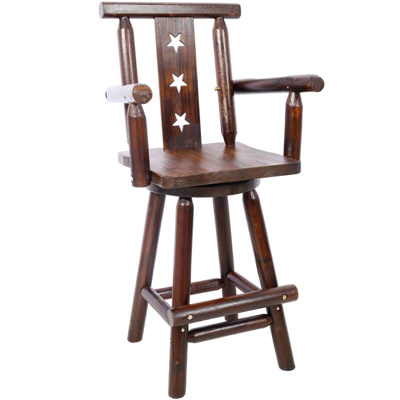 Rustic Bar Stool - Fir Wood Construction, Chair with Decorative Star Backrest, Footrest,Wide Armrest, Rustic Kitchen Stool - Brown