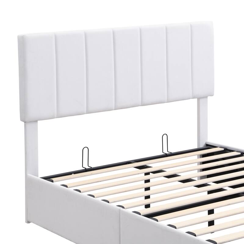 Hydraulic Lift Up Storage Bed, Linen Upholstered Platform Bed Frame with Vertical Panel Headboard, Wooden Slat Support