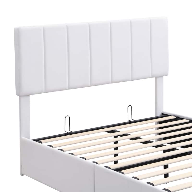 Full / Queen Sturdy Platform Bed with Hydraulic Lift Storage and Linen Headboard
