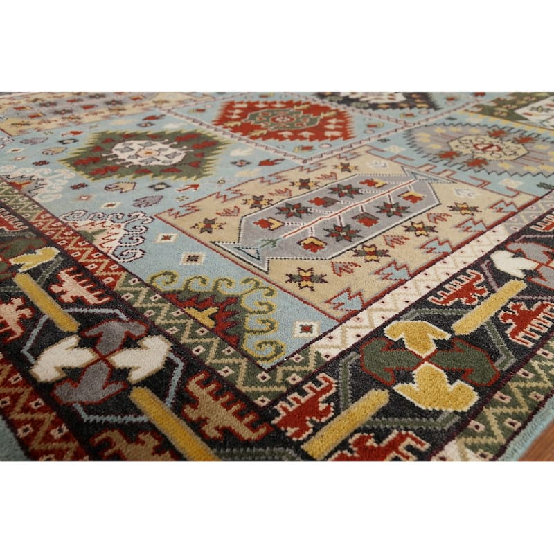 Light Blue Geometric Kazak Indian Area Rug Hand-Knotted Wool Carpet - 8'0"x 10'2"