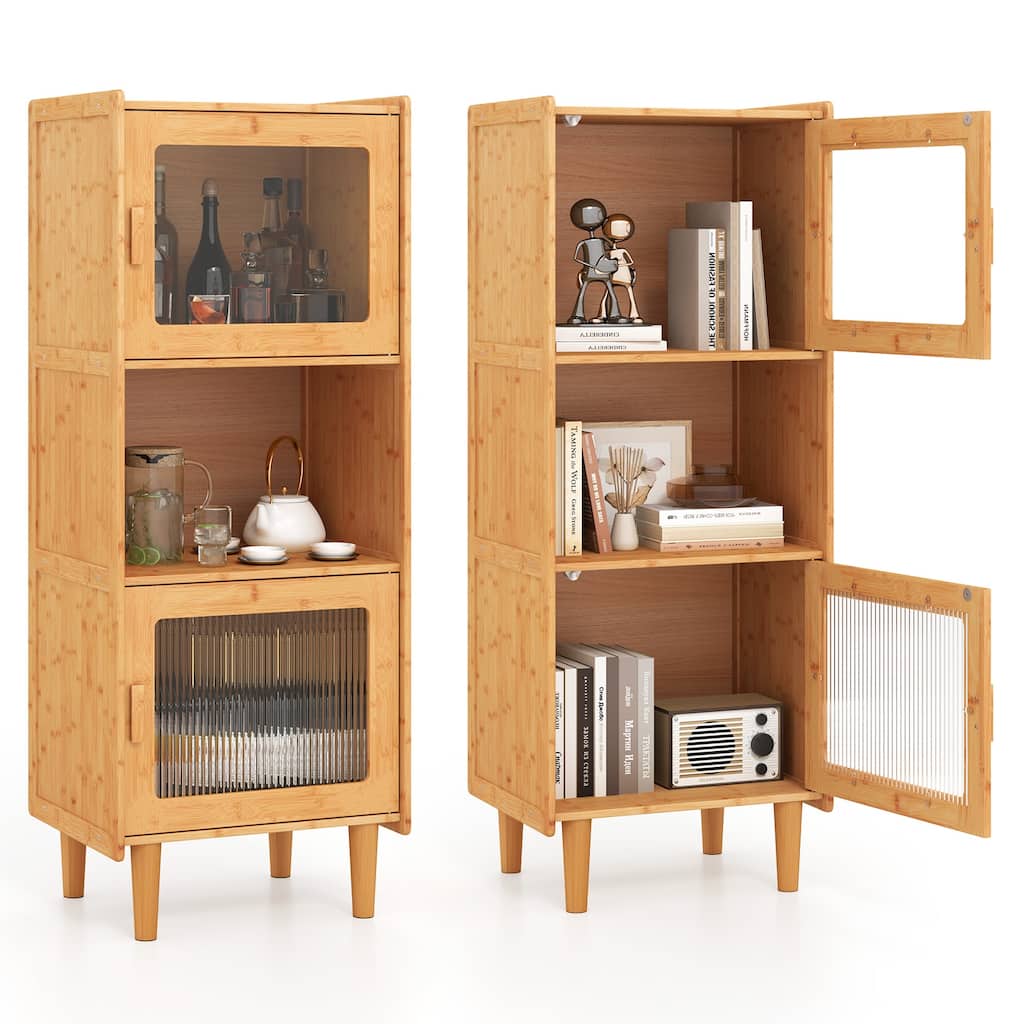 Gymax 2PCS Bamboo Cabinet Narrow Kitchen Storage Cabinet w/ Open
