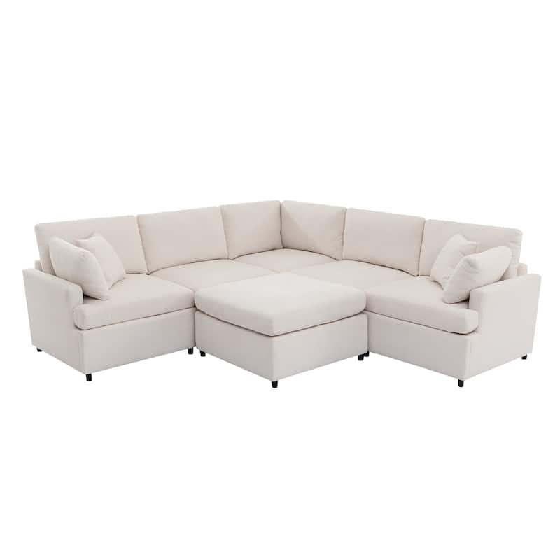 Upholstered Sectional Sofa Recliner Sofa with Removable Ottoman, U-Shape 6 Seat Sectional Couch with 4 Throw Pillow