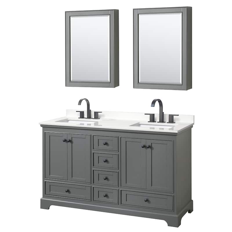 Deborah 60-inch Double Vanity, Quartz Top, Medicine Cabinets - Dark Gray, Black Trim, White Quartz Top
