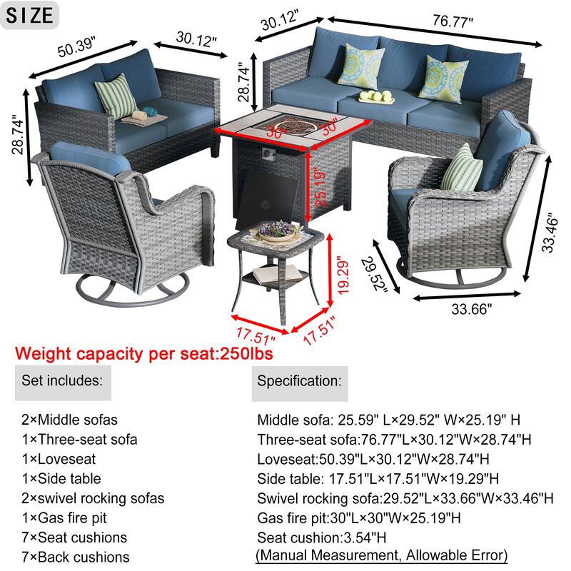 OVIOS 6-Piece Outdoor Wicker Patio Fire Pit Furniture Set with Swivel Chairs