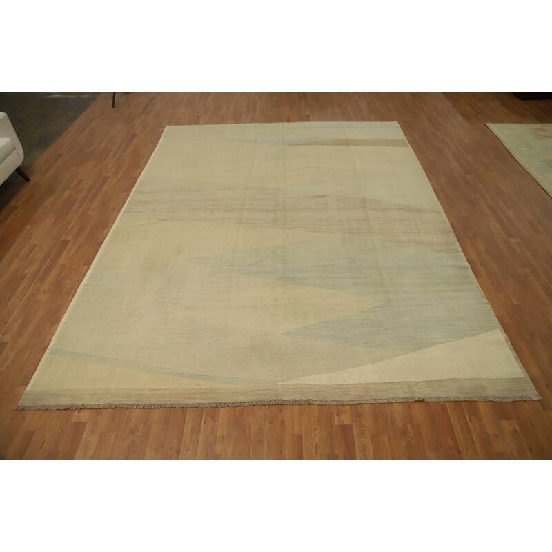 Hand Woven Oriental 100% Wool Carpet Southwestern Modern Beige & Ivories Kilim Area Rug - 11' 9'' X 9' 0''