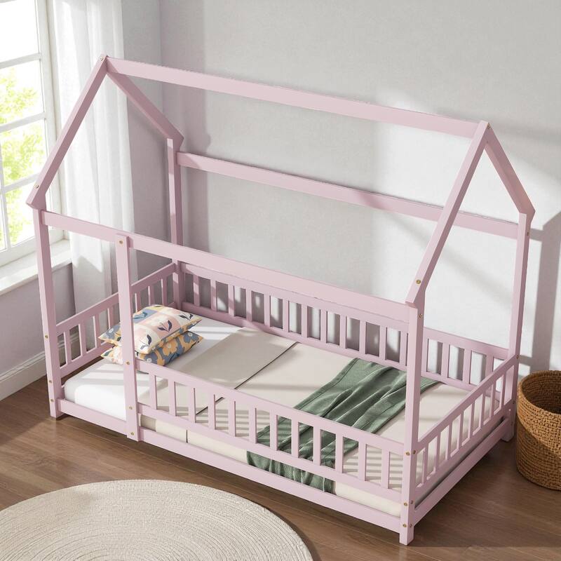 Twin Size Wooden House Floor Bed with Roof Frame and Safety Guardrails, Solid Rubber Wood Montessori Bed for Kids