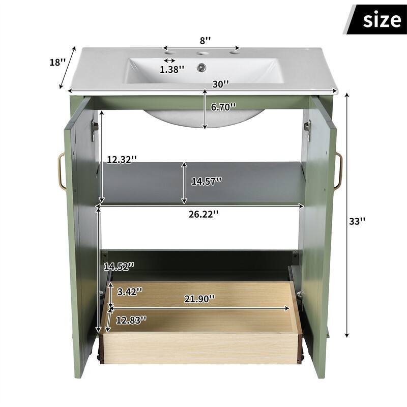 30'' Bathroom Vanity with Resin Sink Top, Freestanding Bathroom Vanity Cabinet with 1 Hidden Drawer, 2 Soft Close Doors & Shelf
