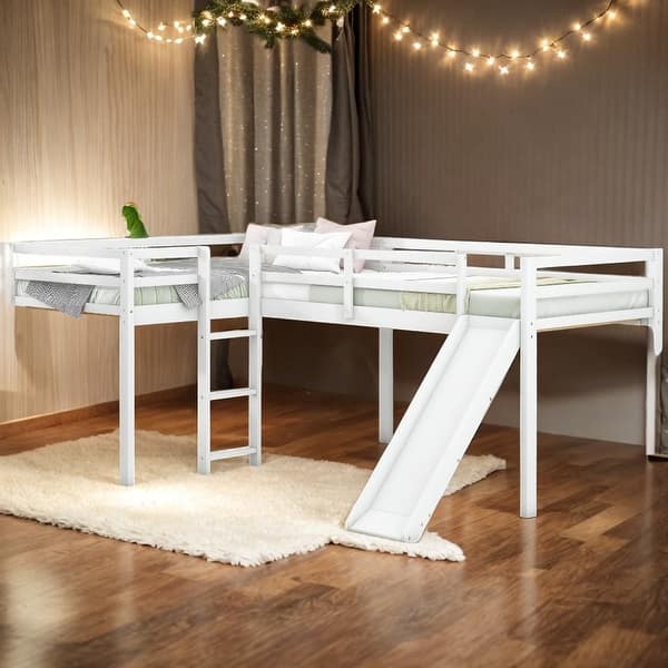 slide 2 of 14, L-Shaped Twin Size Loft Bed with Ladder and Slide, Space-saving, White White