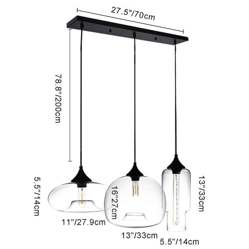 3-Light Black Orb Pendant Light Linear Cluster Clear Glass Globe Bubble Chandelier - 27.5 in. W x 78.8 in. H
