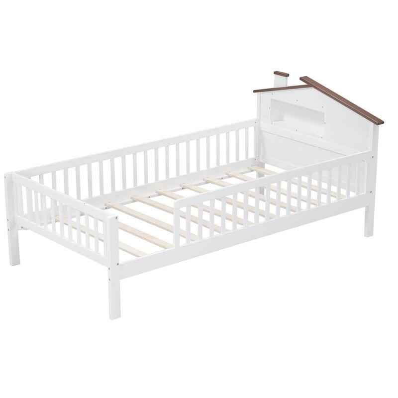 Twin/Full Size House Platform Bed with LED Light and Fence Guardrails, Wooden Kids Bed Frame with House Shaped Headboard