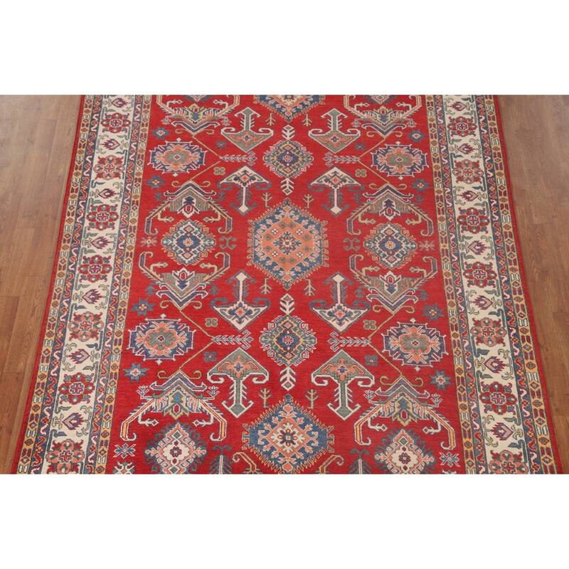 Geometric Red Kazak Rug Hand-Knotted Bedroom Wool Carpet - 6'6"x 9'2"