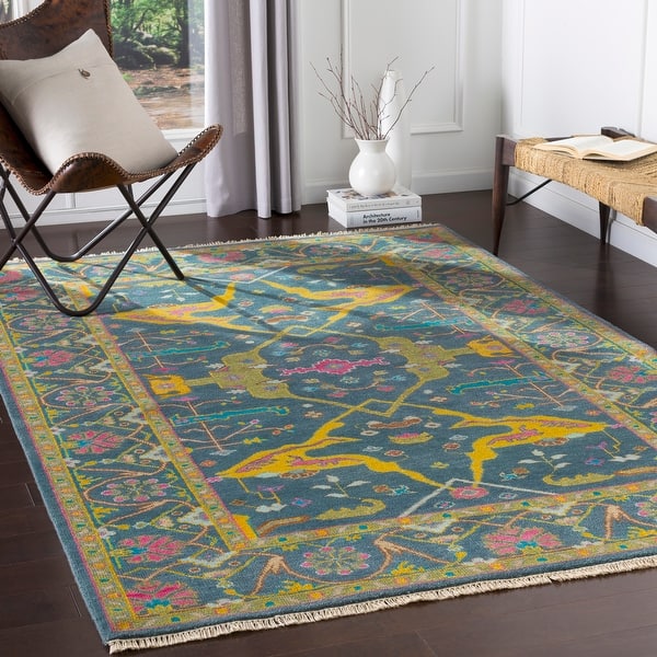 slide 2 of 20, Handmade Dimitri Vibrant Persian Wool Area Rug Blue/Yellow - 2' x 3'