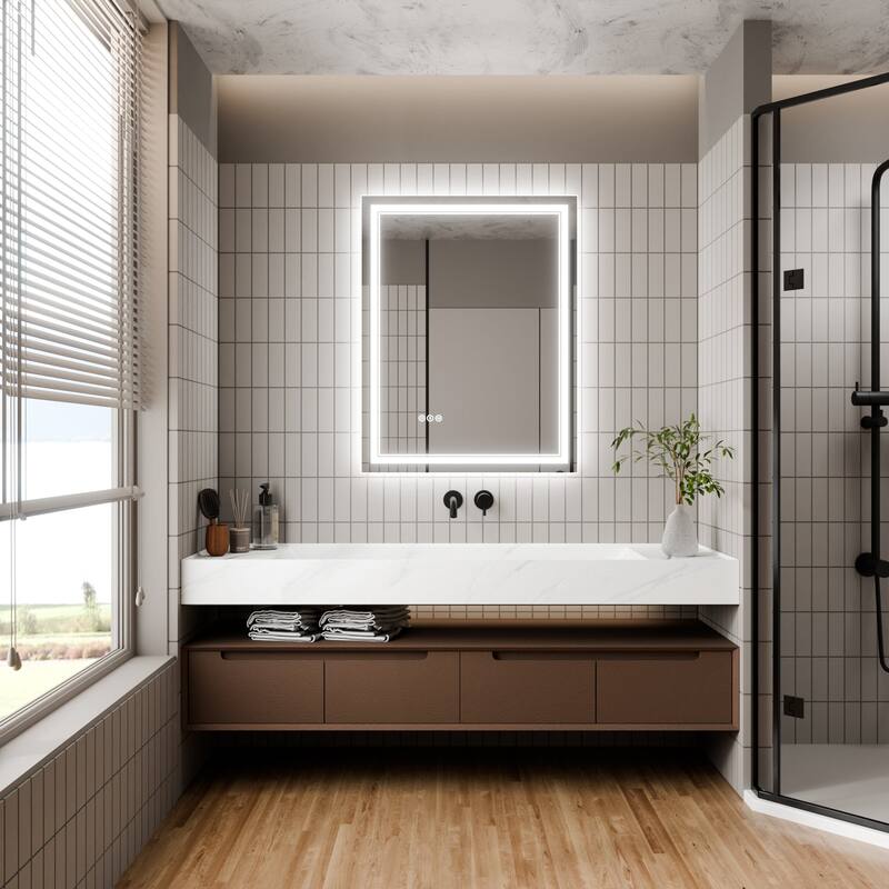 Rectangle Frameless Anti-Fog Wall Mounted LED Light Bathroom Vanity Mirror - 28" x 36"