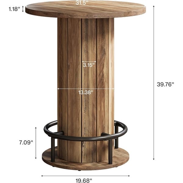 dimension image slide 0 of 3, 39.4 Inches Wood Round Bar Table, Bistro Pub Table with Metal Ring Footrest