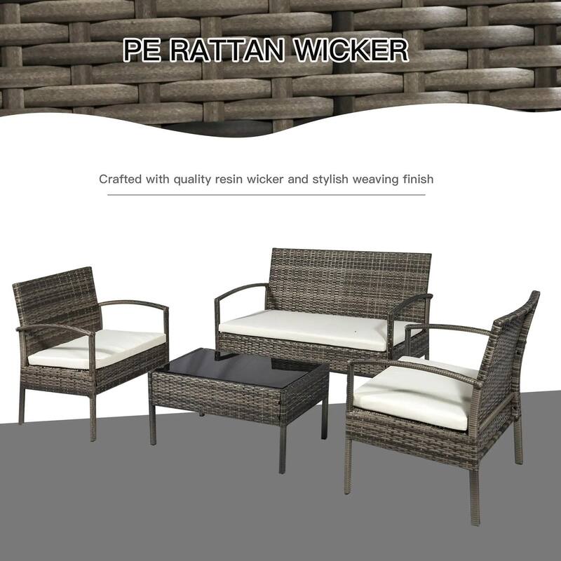 4PCS PE Rattan Conversation Set, Sofa Loveseat Table, All Weather
