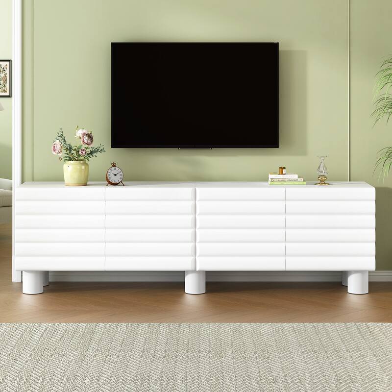 75 inch TV Stand Media Console with 4 Cabinets, Cream Wavy Door Cabinet with Cylindrical Legs & Cable Management - White