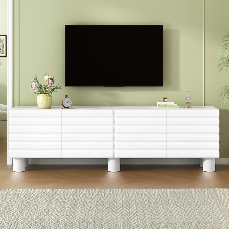 Stylish Wavy Door TV Stand with 4 Cabinets, Adjustable Shelves & Cable Holes, Solid Color Media Console for TVs Up to 75"