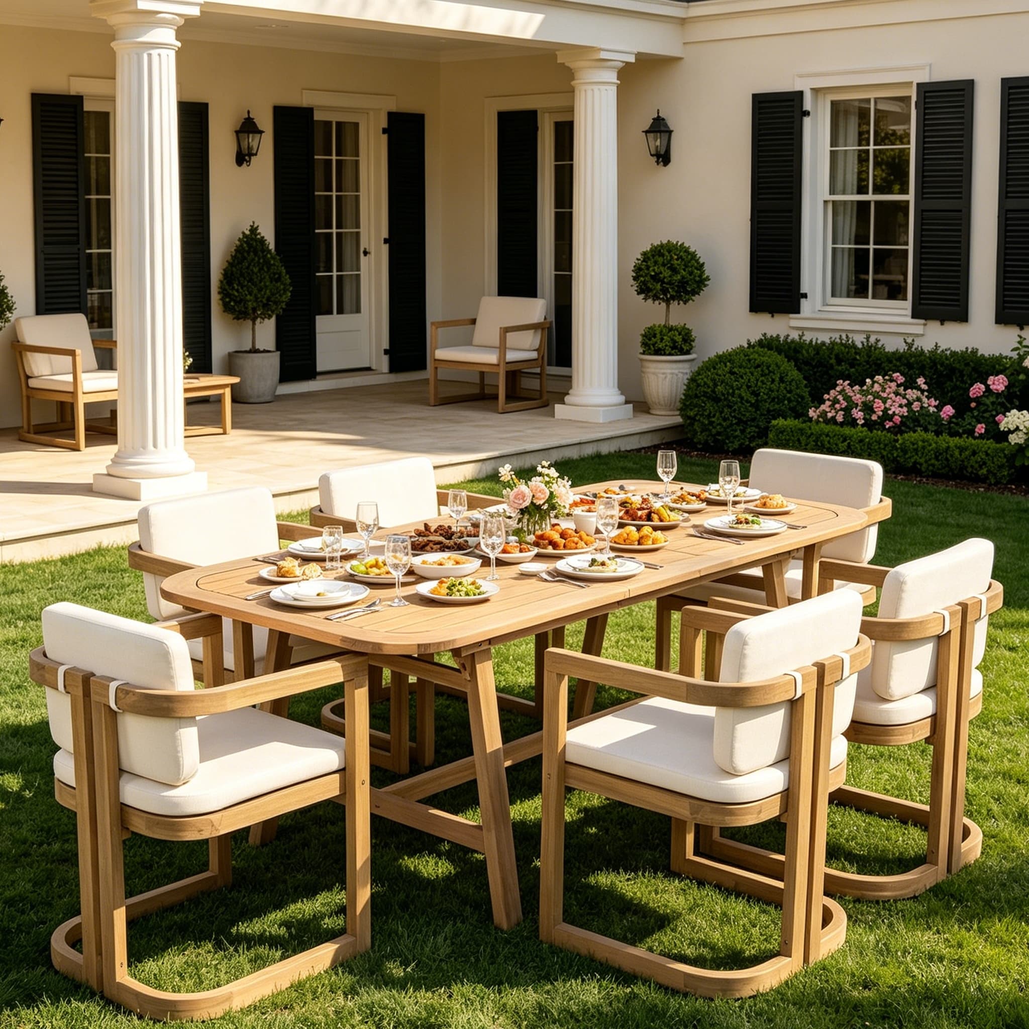 Christopher Knight Home - Set of 7 Outdoor Extendable Acacia Wood Dining Set with Cushioned Dining Chairs