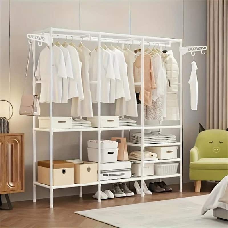 3 Tier Adjustable Metal Garment Rack with Shoe Storage Heavy Duty - White