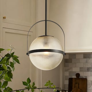 1-Light Modern Industrial Black Metal/Gold Pendant Light with Textured Glass Globe Shade for Kitchen Island Dining Room