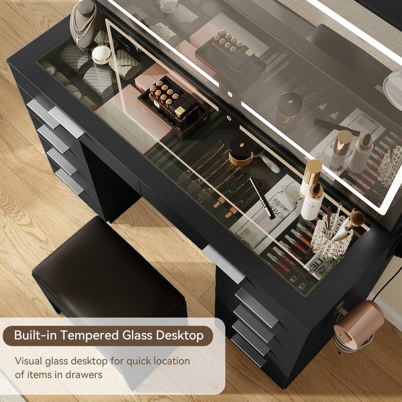 Moasis Black 10-Drawer Cosmetic Vanity Desk Set with Glass Tabletop Makeup Vanity with LED Strip