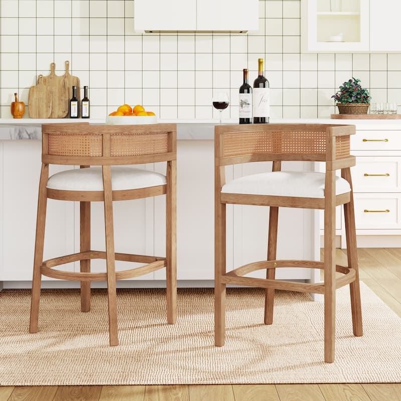 Christopher Knight Home-Glovers Wood And Rattan Upholstered Bar Stools Set of 2 - Natural OAK+Beige