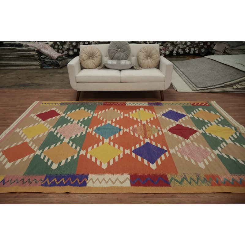Hand Woven Oriental 100% Wool Carpet Southwestern Modern Multi-Colored Kilim Area Rug - 9' 9'' X 6' 8''