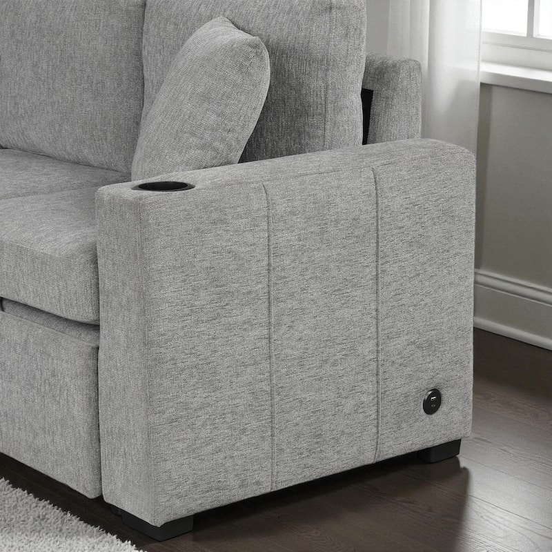 107.1" Convertible Sectional Sofa Pull-Out Sleeper U-Shaped Chenille Couch with USB Ports Cup Holders and Pillows