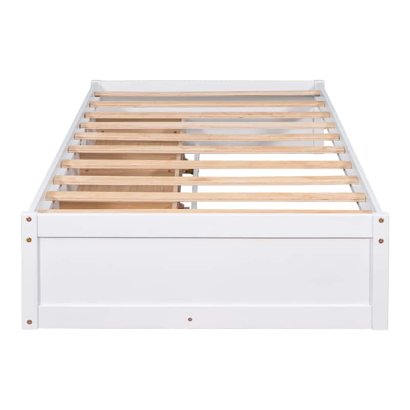 Twin Size Platform Storage Bed with 3 Drawers, White Pine Wood Frame, Mattress Foundation