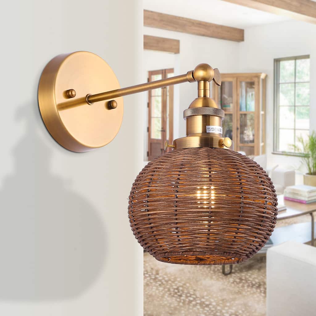 Brass Globe Rattan 1-Light Wall Sconce Wall Light