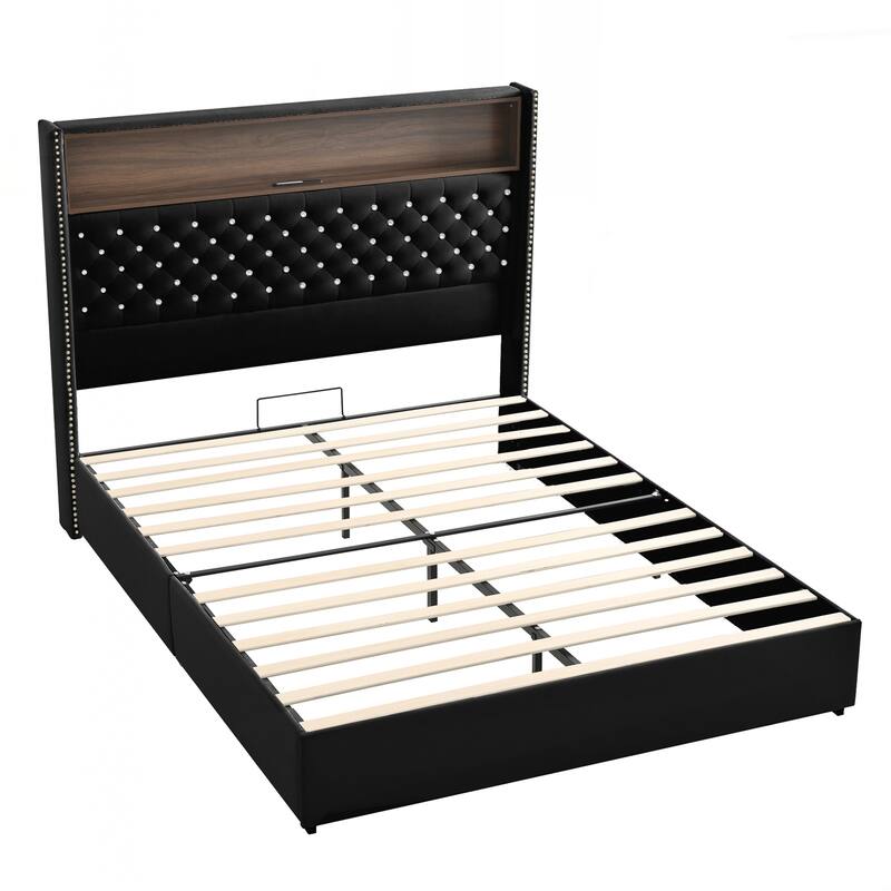 Queen Size Tufted Soft Bed Frame with USB Port and Night Light