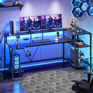 PC Gamer Desk Computer Desk Monitor Stand LED Lights Storage Shelves