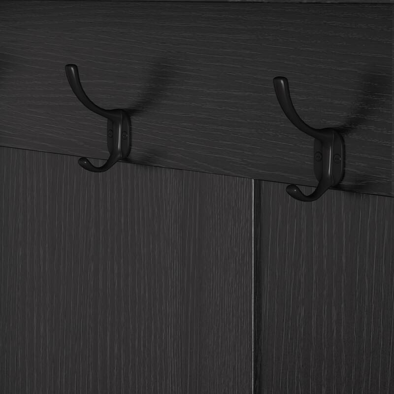 Modern Minimalist Coat Rack, Entry Bench with Linen Cushioned , Storage Shelf, DIY Pegboard, for Entrance and Hallway, Black