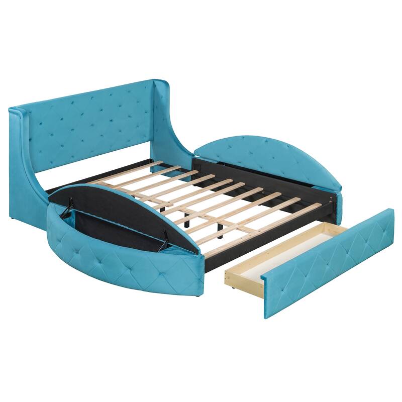 Low Profile Bed Queen Size Velvet Upholstered Platform Bed with Wingback Headboard, Big Drawer and 2 Semicircle Side Stools
